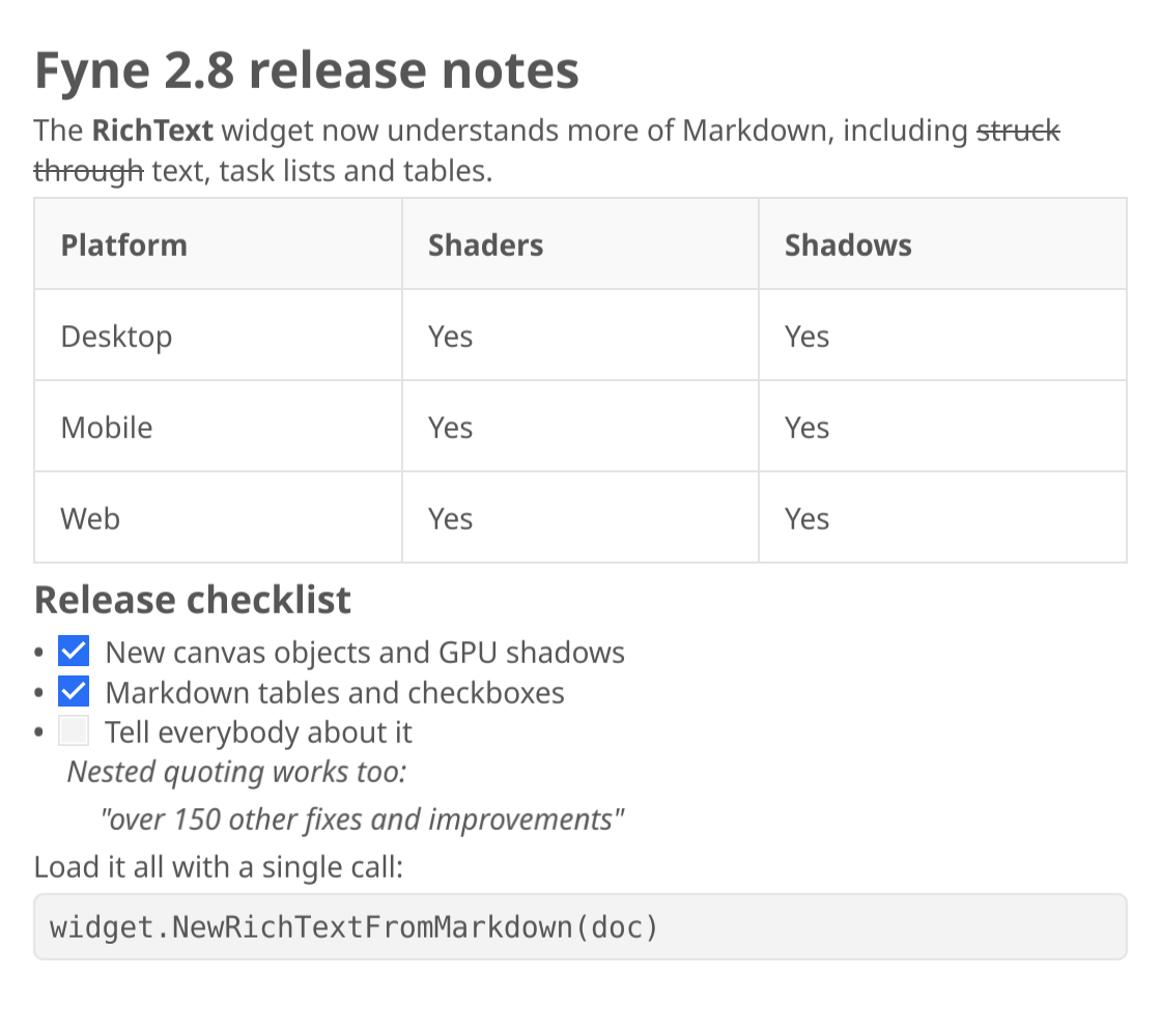 RichText in Fyne 2.8 showing a Markdown table, task list, nested quotes and a code block