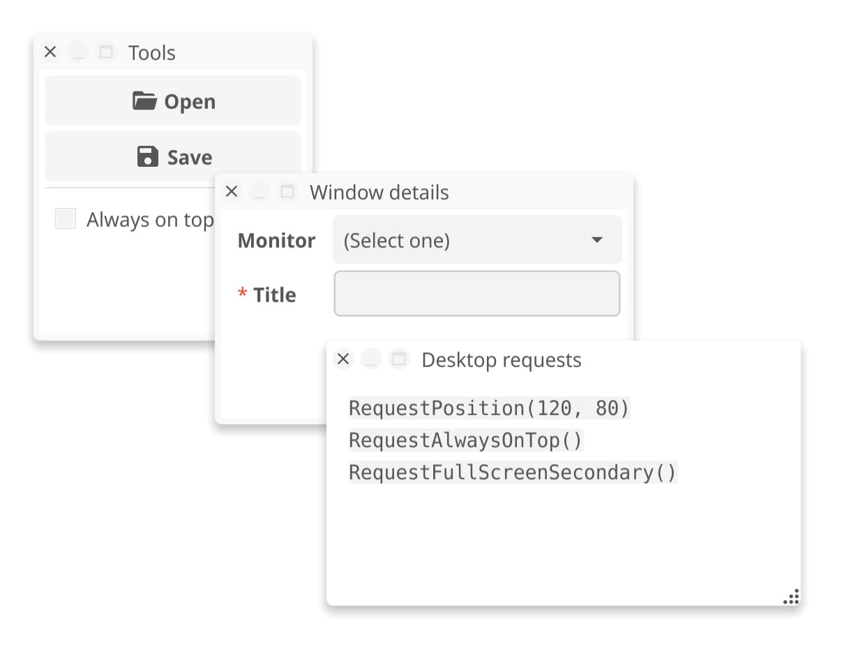 Inner windows stacked in Fyne 2.8, with a form showing the new Required field marker